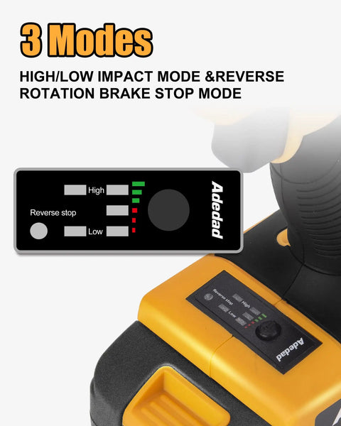 1/2 Inch Cordless Brushless Impact Wrench Kit 300 Ft-Lbs Max Torque 3000 RPM 20V Power display showing 3 modes