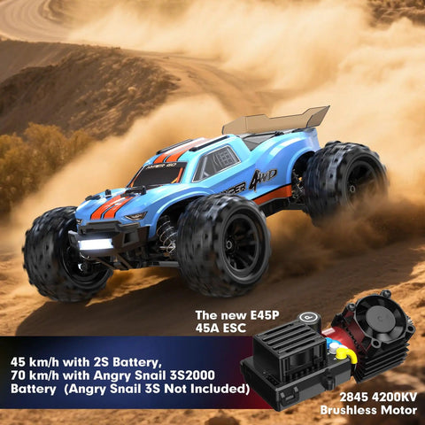 Hyper Go H16MT 1/16 4x4 Brushless RC Truck with Updated ESC, blue design, racing on dirt trail, featuring power unit.