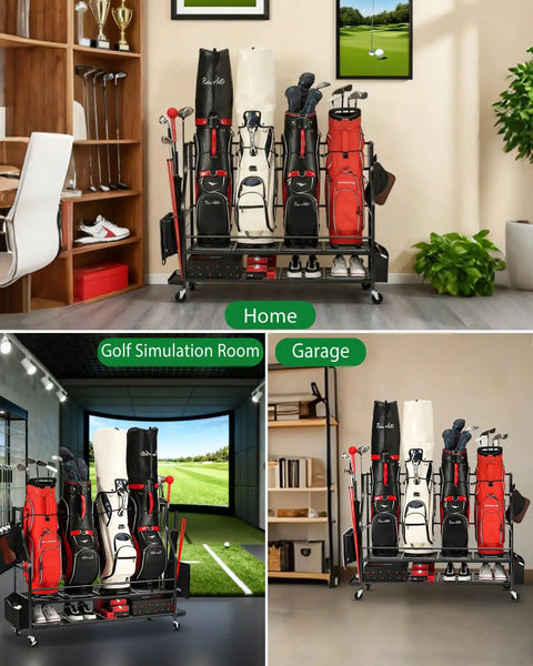 Four Bag Golf Bag Storage Rack With Wheels For Garage And Home Use All In One Organizer with golf bags in home and garage settings