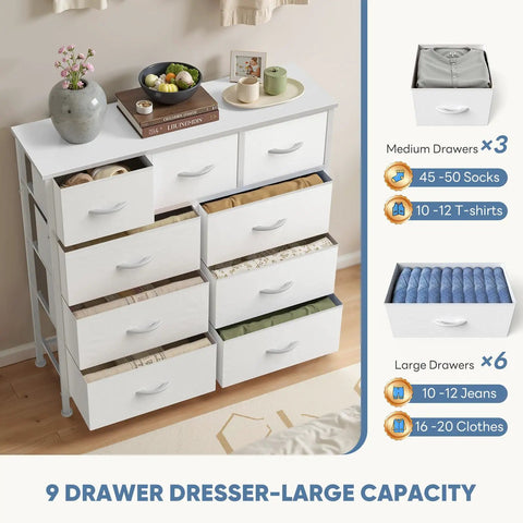 White 9 Drawer Dresser With Fabric Bins Sturdy Metal Frame And Wood Top A Totally Functional Storage Organizer For Bedroom Guest Room Closet Or Entryway Big Capacity Chest Of Drawers That Fits Any Space, showing open drawers filled with clothes and accessories