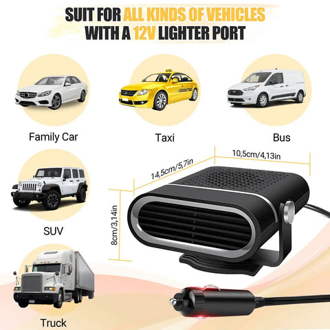 Portable 12V Car Heater Brings Road Trip Ready Warmth Straight To Your Dash For Quick Windshield Defrosting With Easy Plug And Play Cigarette Lighter Setup For Any Winter Drive, shown with various vehicle types.