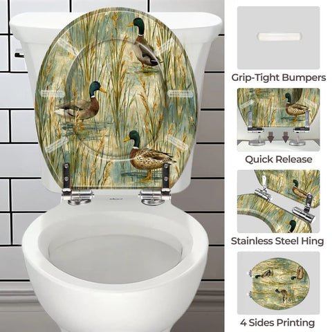 Round Quiet Close Replacement Toilet Seat with duck design, grip-tight bumpers, and stainless steel hinges.