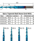 4-piece Genmitsu tungsten carbide tapered ball nose end mills, 2-flute, nano blue coating, 1/8 in shank, R0.25-R1.0