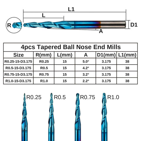 4-piece Genmitsu tungsten carbide tapered ball nose end mills, 2-flute, nano blue coating, 1/8 in shank, R0.25-R1.0