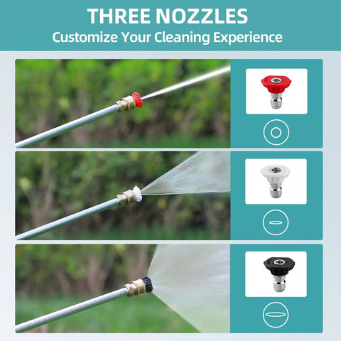 Beast Mode High Pressure Hose Nozzle With Three Tips, Quick Connect Garden Hose Wand showing red, white, black nozzles.