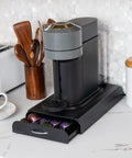 Compact Single Serve Coffee Capsule Drawer Organizer Holds 50 Small Pods Upright With Flat Base, in black, with coffee maker on top