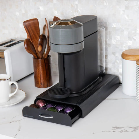 Compact Single Serve Coffee Capsule Drawer Organizer Holds 50 Small Pods Upright With Flat Base, in black, with coffee maker on top