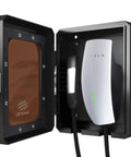 Lockable Outdoor EV Charger Enclosure With Heavy Duty Metal Wall Case For Tesla Connector And ChargePoint Unit showing open cabinet with charger.