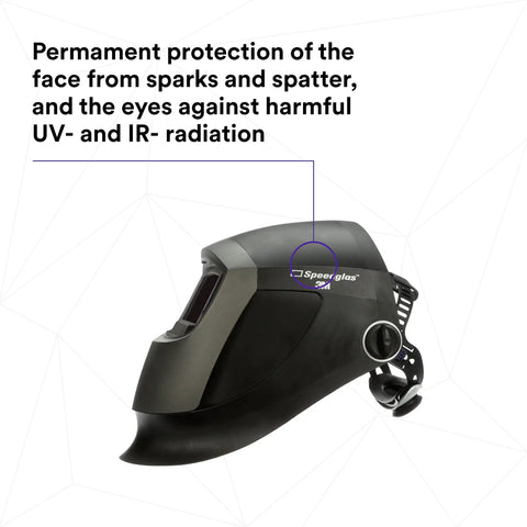Side view of Natural Color Auto Darkening Welding Helmet 9002NC For MMAW TIG MIG Welding, durable black and silver with text overlay.