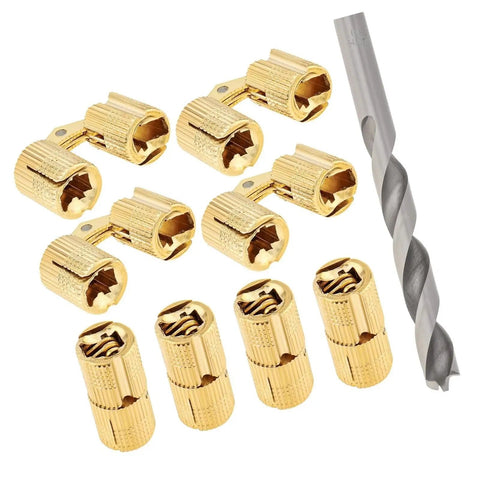 Brass Cabinet Hinges Set With Drill Bit For Easy Hidden Mounting, 10mm Barrel, 180 Degree Opening, Invisible Mount