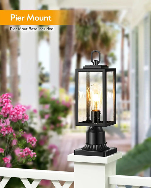 Hardwired 120V Dusk To Dawn Outdoor Post Light Black Exterior Lantern With Pier Mount Base on patio fence