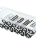 Dead Reliable 12 Pack 3V Lithium CR123A Batteries in clear packaging, designed for peak flashlight power and ten year storage life.