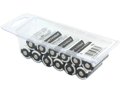Dead Reliable 12 Pack 3V Lithium CR123A Batteries in clear packaging, designed for peak flashlight power and ten year storage life.