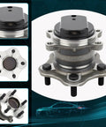 Rear Wheel Bearing And Hub Assembly For Nissan Rogue And Rogue Select With ABS, 5-Lug, 1 Piece Plug-N-Play Drop-In Replacement Fits 2008-2013 Rogue And 2014-2015 Rogue Select with various views including close-up and top-down.