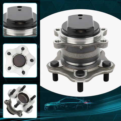 Rear Wheel Bearing And Hub Assembly For Nissan Rogue And Rogue Select With ABS, 5-Lug, 1 Piece Plug-N-Play Drop-In Replacement Fits 2008-2013 Rogue And 2014-2015 Rogue Select with various views including close-up and top-down.