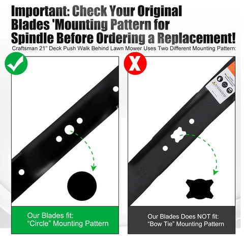 Mulching Mower Blade With Circle Mounting Pattern For Craftsman Husqvarna 21 Inch Deck Push Walk Behind Lawn Mower Replacement 165833 175064 189028 532189028 showing blade with correct circle pattern and incorrect bow tie pattern