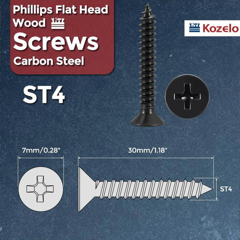 200 Piece Phillips Flat Head Wood Screws 4x30mm Carbon Steel Countersunk Self Tapping For Furniture Assembly Interior Trim Outdoor Projects Black