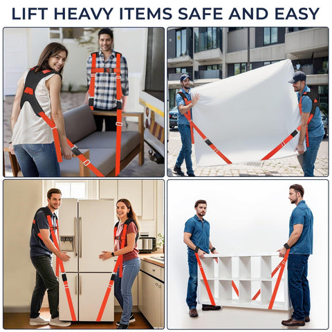 Two Person Moving Straps Kit For Heavy Duty Furniture And Appliances With Shoulder Lifting System Back Support Vest Up To 800 Lbs 120 Inch Round Sling Durable Orange Polyester