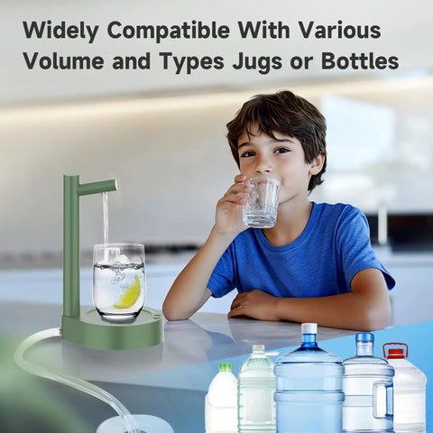 Child using Compact Desktop Water Dispenser For 5 Gallon Bottles With USB C Fast Charge, pouring water into glass.