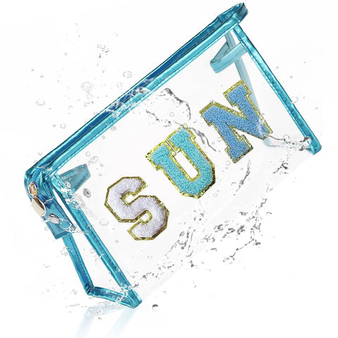 Clear Sunscreen Bag For Women Beach Vacation Essentials Waterproof Makeup Pouch with Blue SUN patches being splashed with water