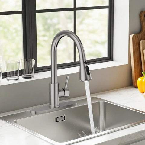 Top Shelf Brushed Nickel Kitchen Faucet With Pull Down Sprayer And Three Spray Modes Built From Solid Stainless Steel For A Slick Finish And Zero Hassle Maintenance That Keeps Your Sink Looking Dope in a modern kitchen.