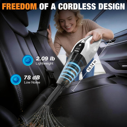 Woman using Powerful Cordless Handheld Vacuum for Car and Home with Brushless Motor and Beast Suction on car seat, white and black.