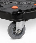 Heavy Duty Folding Hand Truck Workhorse With 330 Lbs Capacity 4 Wheel Dolly Cart For Home Office Shopping And Garage Hauling Compact Foldable Design With Sturdy Black Frame For Easy Storage. Close-up of black plastic base and 360-degree wheel