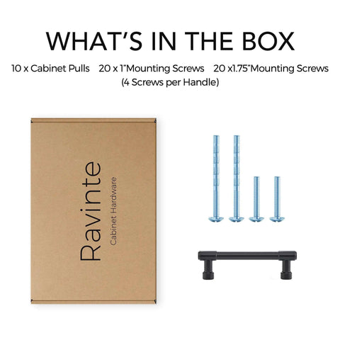 Heavy Duty Matte Black Kitchen Cabinet Pulls And Drawer Handles With 3.5 Inch Center To Center Spacing Top Shelf Zinc Alloy Hardware Slick Modern Finish 10 Pack components in box including screws and handles.