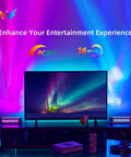 Immersive room setup with Smart LED Light Bar With RGBICW, four light beads projecting color ripples for gaming TV backlight.