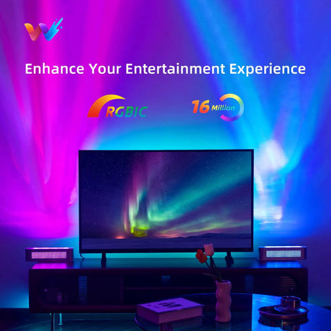Immersive room setup with Smart LED Light Bar With RGBICW, four light beads projecting color ripples for gaming TV backlight.