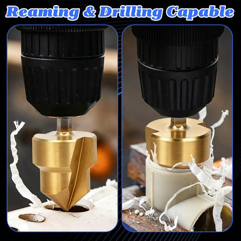 Cuthollow Comprehensive Pipe Threading Tool Set With Three Reamer Drill Bits And Matching Threaders For Pvc Plumbing Repair fits electric drills, showcasing drilling through PVC.