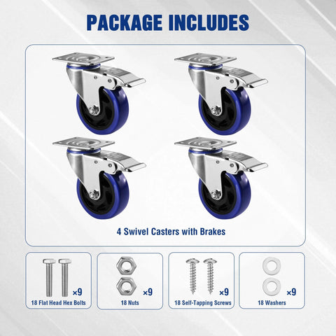 WORKPRO 4-inch swivel caster wheels with brakes, set of 4, blue wheels