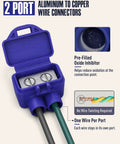 Premium Wire Connectors For Aluminum To Copper, Double Port Screw Terminal Housing With Ready Mixed Oxide Inhibitor Paste, Blue Electrical Splices 15 Pack showing dual ports and oxide inhibitor.