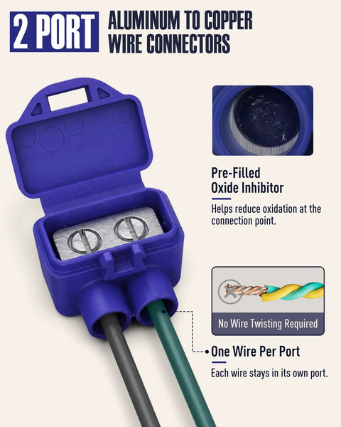 Premium Wire Connectors For Aluminum To Copper, Double Port Screw Terminal Housing With Ready Mixed Oxide Inhibitor Paste, Blue Electrical Splices 15 Pack showing dual ports and oxide inhibitor.