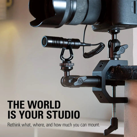 Heavy Duty Aluminum Camera And Lighting Mount Featuring Adjustable Ball Head Thick Padded Jaws Grip Rock Solid On Tables And Light Stands Four Quarter Inch Threads For Fast Rig Build