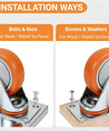 Two installation methods for Six Inch Swivel Caster Wheels Set Of Four Heavy Duty Polyurethane Tires With Locking Brakes.
