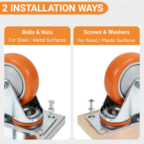 Two installation methods for Six Inch Swivel Caster Wheels Set Of Four Heavy Duty Polyurethane Tires With Locking Brakes.