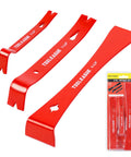 Three-Piece Mini Flat Pry Bar Set With Five And A Quarter Inch, Seven And A Quarter Inch And Nine And A Quarter Inch Beehive Scraper Crowbars With Nail Puller