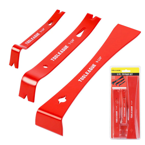 Three-Piece Mini Flat Pry Bar Set With Five And A Quarter Inch, Seven And A Quarter Inch And Nine And A Quarter Inch Beehive Scraper Crowbars With Nail Puller
