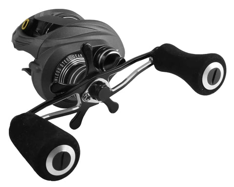Heavy Duty Aluminum Frame Baitcaster Reel Featuring Stainless Steel Internals And Killer Drag Power Perfect For Bass Fishing Pro Level low profile design with sleek grips.