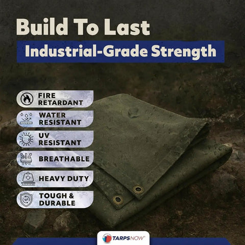 8x12 Ft Fire Retardant Canvas Tarp 27 Mil Heavy Duty With Brass Grommets Olive Drab 16oz, showing industrial-grade icons.