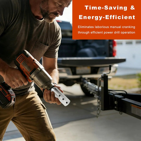 Heavy Duty Trailer Jack Drill Adapter Featuring A Rock Solid Stainless Build shows a man using an electric drill with adapter.