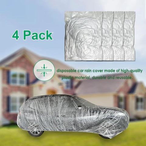 4 Pack Universal Disposable Car Covers Waterproof Plastic Car Cover For Outdoors Weather Protection Elastic Hem Fit For Sedans SUVs And Cars Size Large covering a parked car in front of a house.