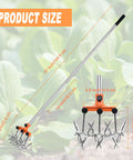 Product size diagram of Rotary Cultivator Garden Tiller with adjustable handle and lightweight aluminum tines.