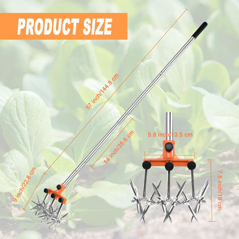 Product size diagram of Rotary Cultivator Garden Tiller with adjustable handle and lightweight aluminum tines.