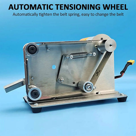 Automatic tensioning wheel for Compact Mini Belt Sander With Polishing Wheel And Automatic Tensioning For Desktop Use.