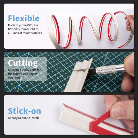 Peel And Stick Flexible Quarter Round Molding Trim For Walls Ceilings Cabinets Countertops Floors Edges And Corners, demonstration of flexibility, cutting, and installation.