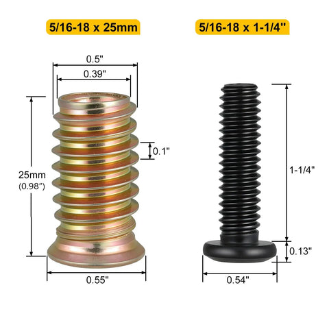 18 Pack 5/16-18 Threaded Inserts And 5/16-18 X 1-1/4 Inch Flat Head Screws Set For Wood dimensions shown