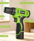 Hella Durable 299 Piece Tool Set With 12V Cordless Drill And Slick Hand Tools, Portable Toolbox With Drawer For DIY Repairs and Home Maintenance Kickin Storage Space Ready To Roll, green cordless drill with adjustable torque and LED light.