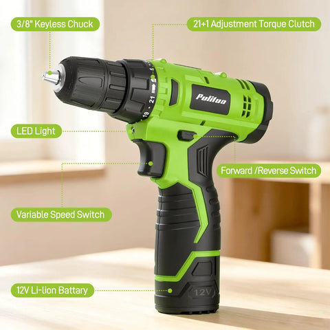 Hella Durable 299 Piece Tool Set With 12V Cordless Drill And Slick Hand Tools, Portable Toolbox With Drawer For DIY Repairs and Home Maintenance Kickin Storage Space Ready To Roll, green cordless drill with adjustable torque and LED light.
